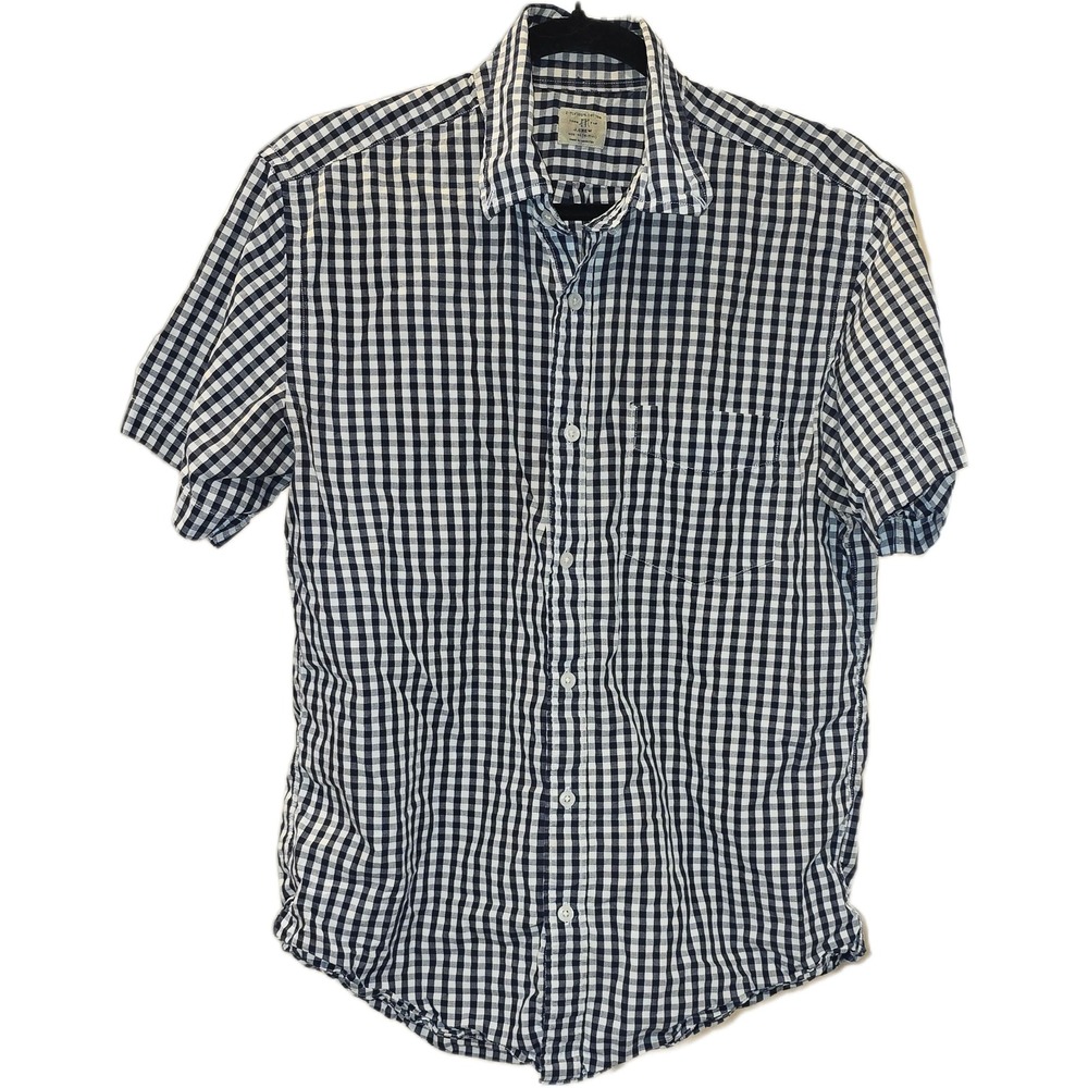 J.Crew Mens Navy Blue White Gingham Short Sleeve Button Down Shirt Size M Cotton
